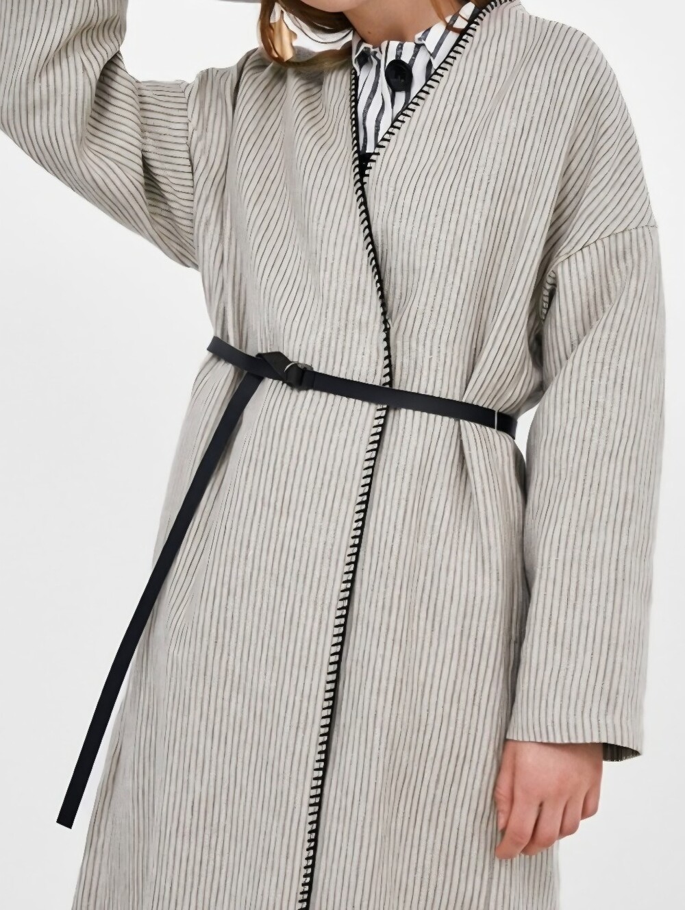 Zara Womens Beige Linen Striped Fringe Trim Hem Midi Duster Wrap Coat Size Large - Picture 5 of 15
